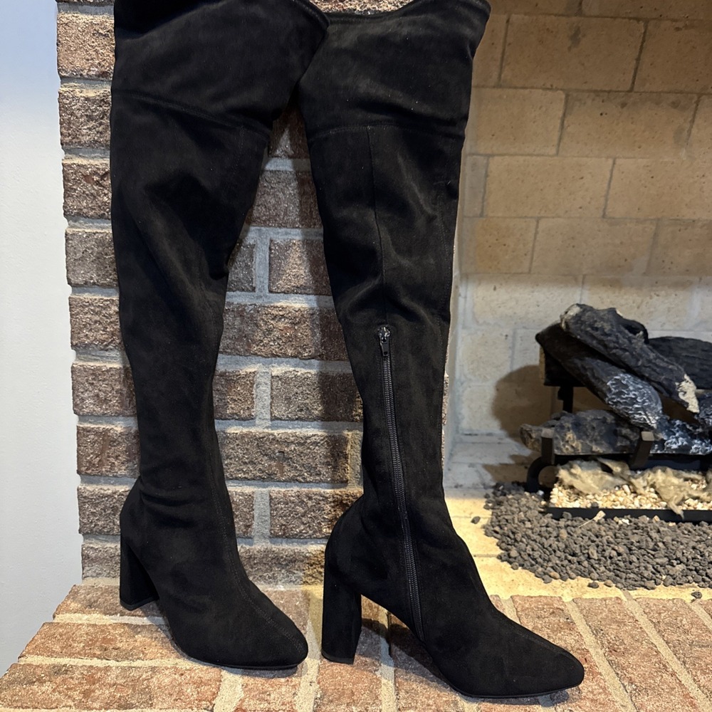 Jeffrey Campbell Parisah-2 Over The Knee Heeled Boots Black Fabric Upper Sz 7